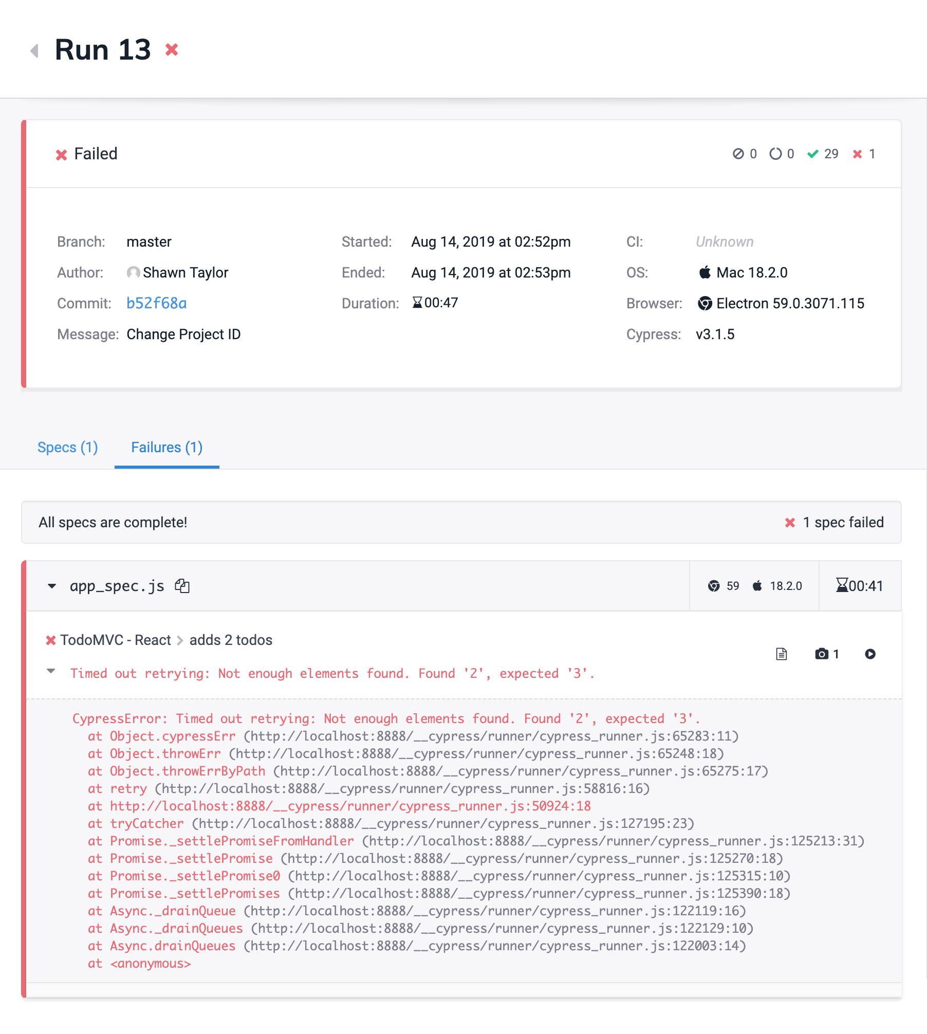 Cypress Dashboard failure tab